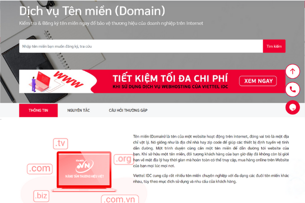 Giao diện trang dịch vụ tên miền (Domain) tại Viettel IDC