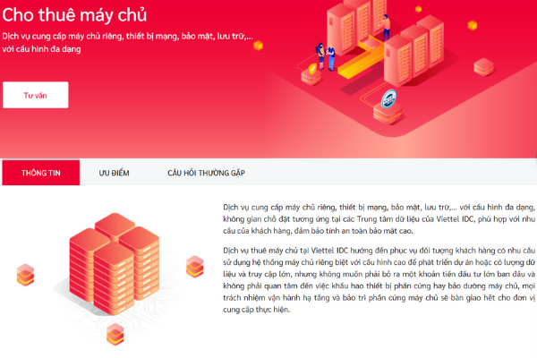 Giao diện trang dịch vụ cho thuê máy chủ riêng tại Viettel IDC