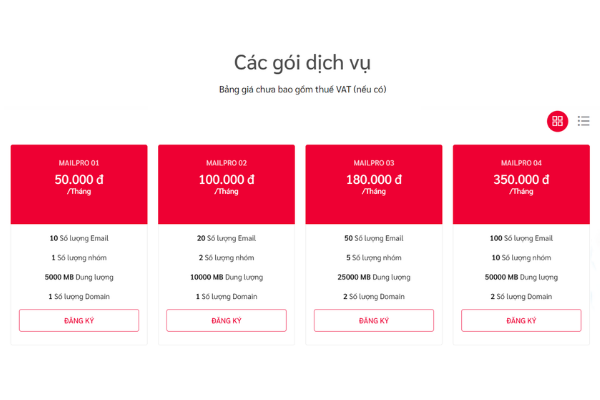 Tham khảo bảng giá một số gói dịch vụ Mail Server tại Viettel IDC