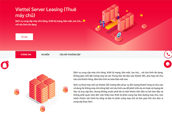 Giao diện trang dịch vụ cho thuê máy chủ tại Viettel IDC