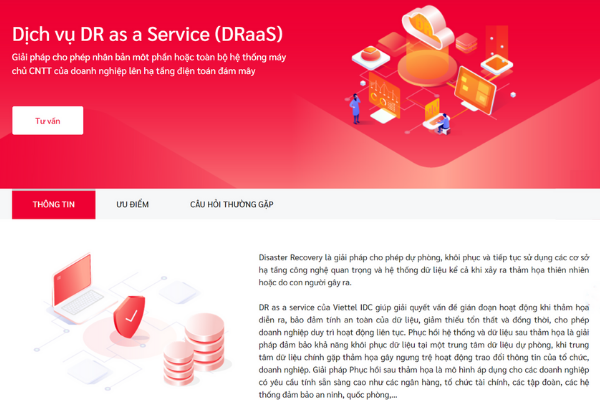Giao diện trang chủ dịch vụ Cloud Disaster Recovery tại Viettel IDC 