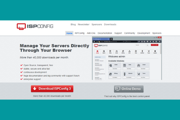 Giao diện trang chủ của ISPConfig
