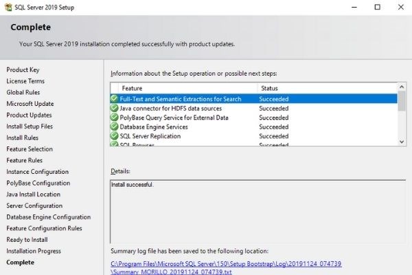 Giao diện cài đặt SQL Server thành công